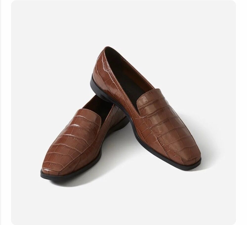 NWOB Everlane Crocodile Embossed Italian Leather Cushioned Heel Brown Loafer